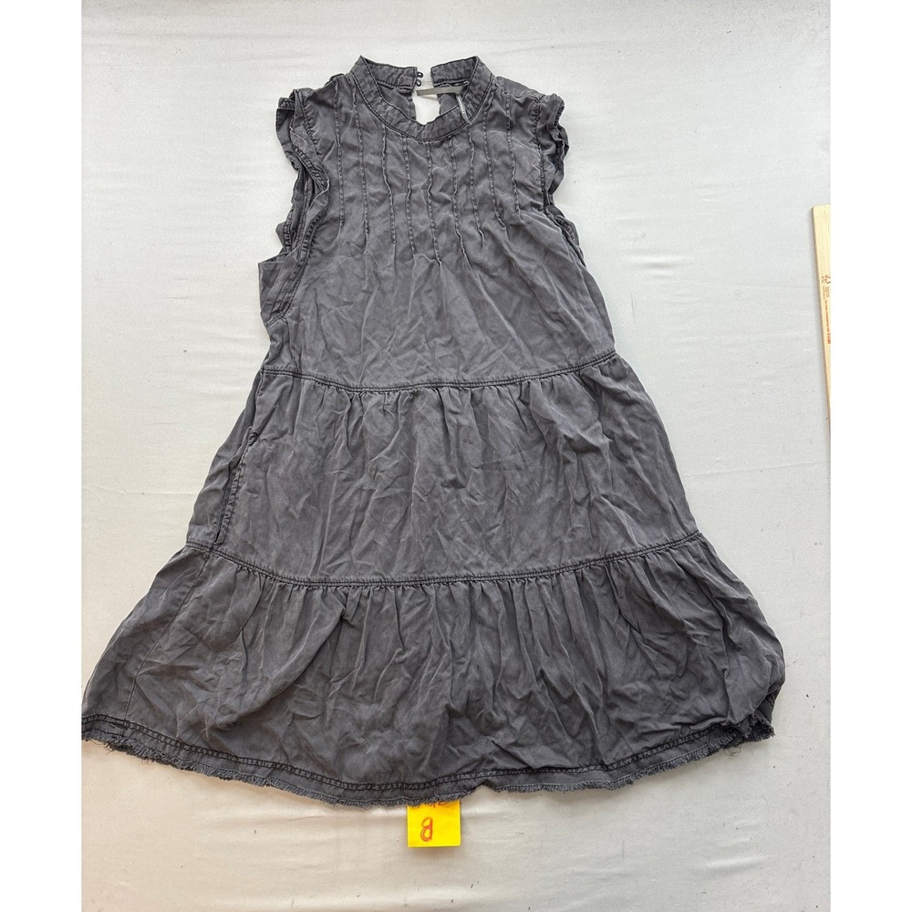 Anthropologie Sleeveless Tiered Mini Dress Gray Ruffle Neck Pintuck Size M